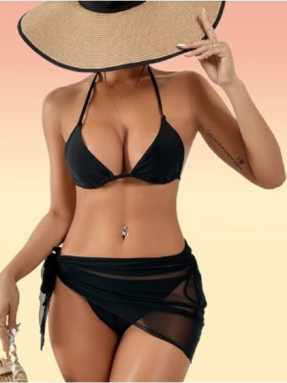 Black Triangle Bikini with Sheer Sarong